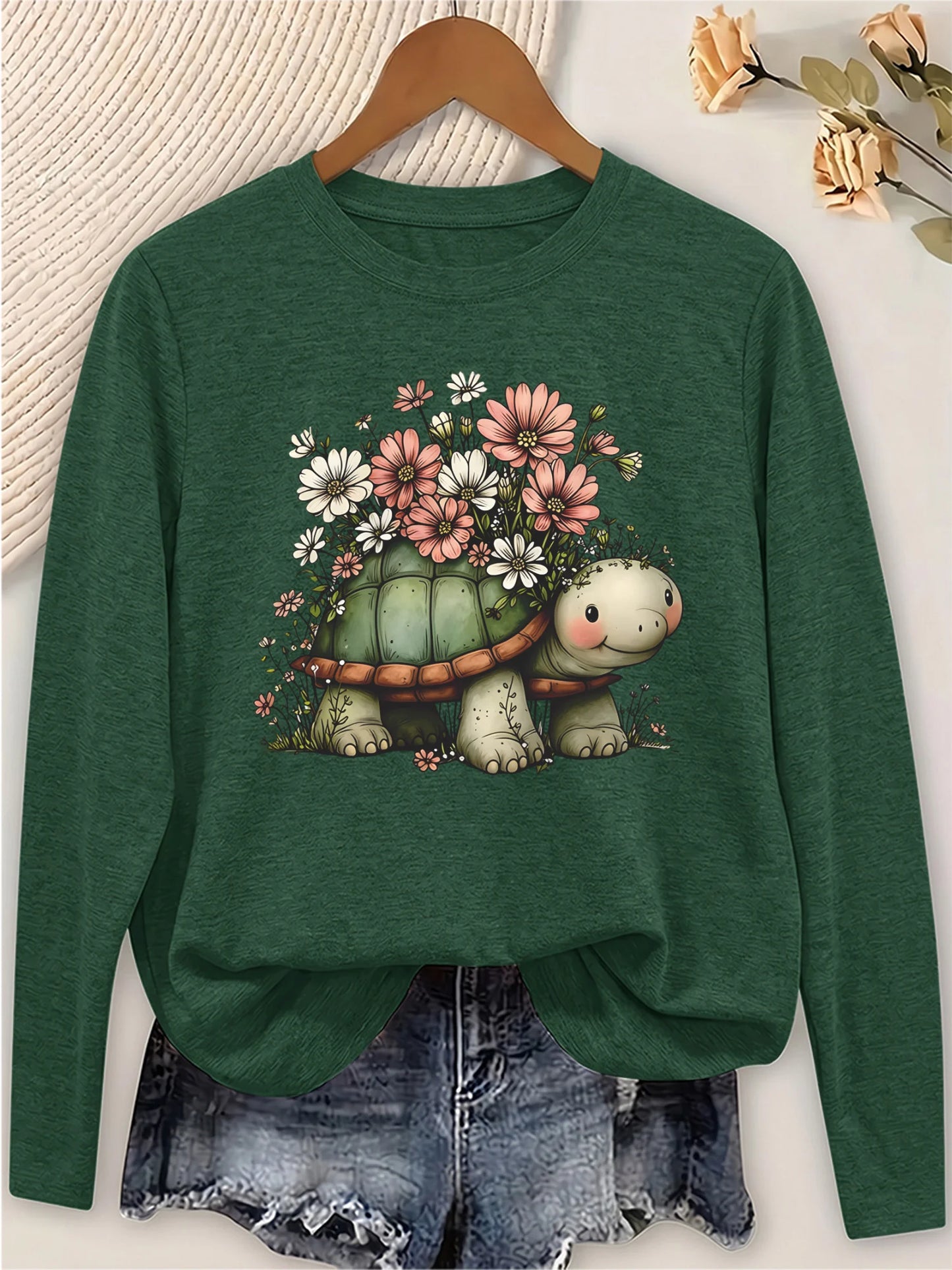 Women's Long Sleeve T Shirt With Turtle Floral Print