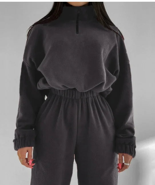Bywindto Women's Loose Zipper Stand Collar Sweater Pants Suit