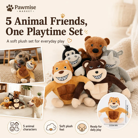 5-Piece Squeaky Plush Pet Toys Set - Lion, Bear, Rhino, Monkey & Chimpanzee - Durable Soft Chew Toys for Dogs & Cats - Bite-Resistant Stuffed Animals for Puppies & Kittens - Anxiety Relief & Interactive Play