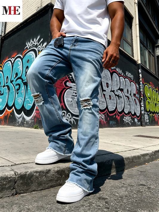 HME Men Distressed Flared Denim Jeans With Knee Rips Frayed Hem Streetwear
