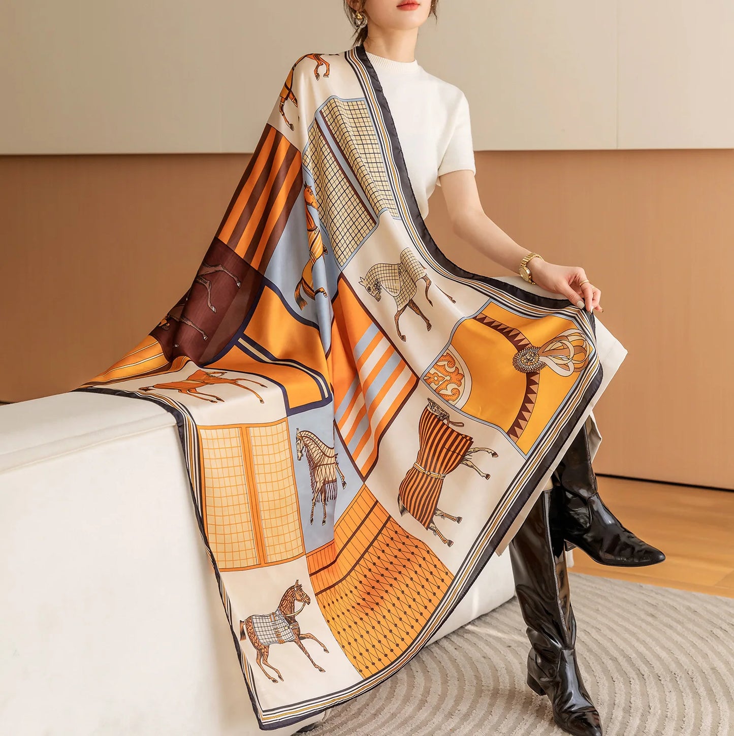 HYKMAIYW Luxury Horse Print Square Scarf Imitation Silk