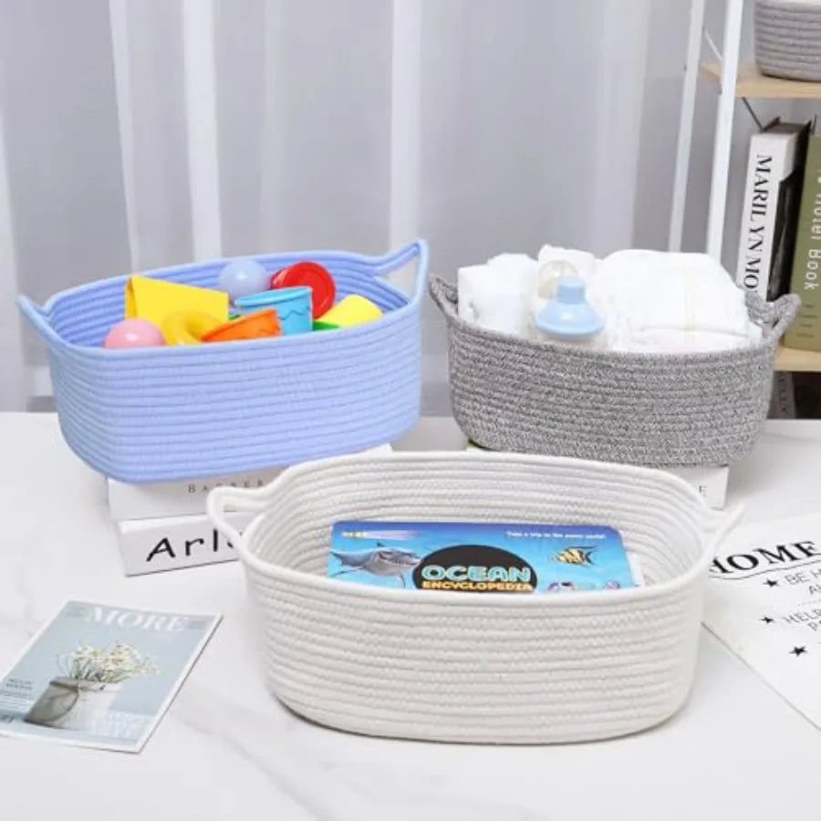 ABenkle Small Storage Basket with Handles, Cotton Rope Woven Dog Cat Toy Bin, Decorative Shelves Closet Organizing for Nursery