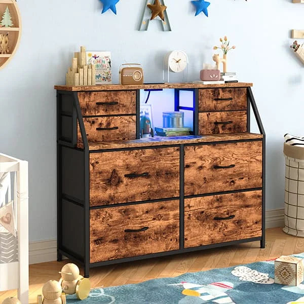 EnHomee 8 Drawers + 2 Open Shelves Dresser – LED Lights & Power Strip Included – Medium Chest for Hallway, Entryway, or Bedroom Use