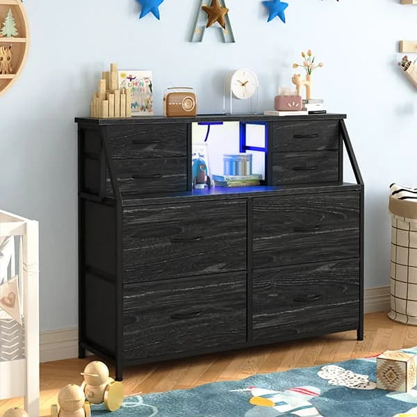 EnHomee 8 Drawers + 2 Open Shelves Dresser – LED Lights & Power Strip Included – Medium Chest for Hallway, Entryway, or Bedroom Use