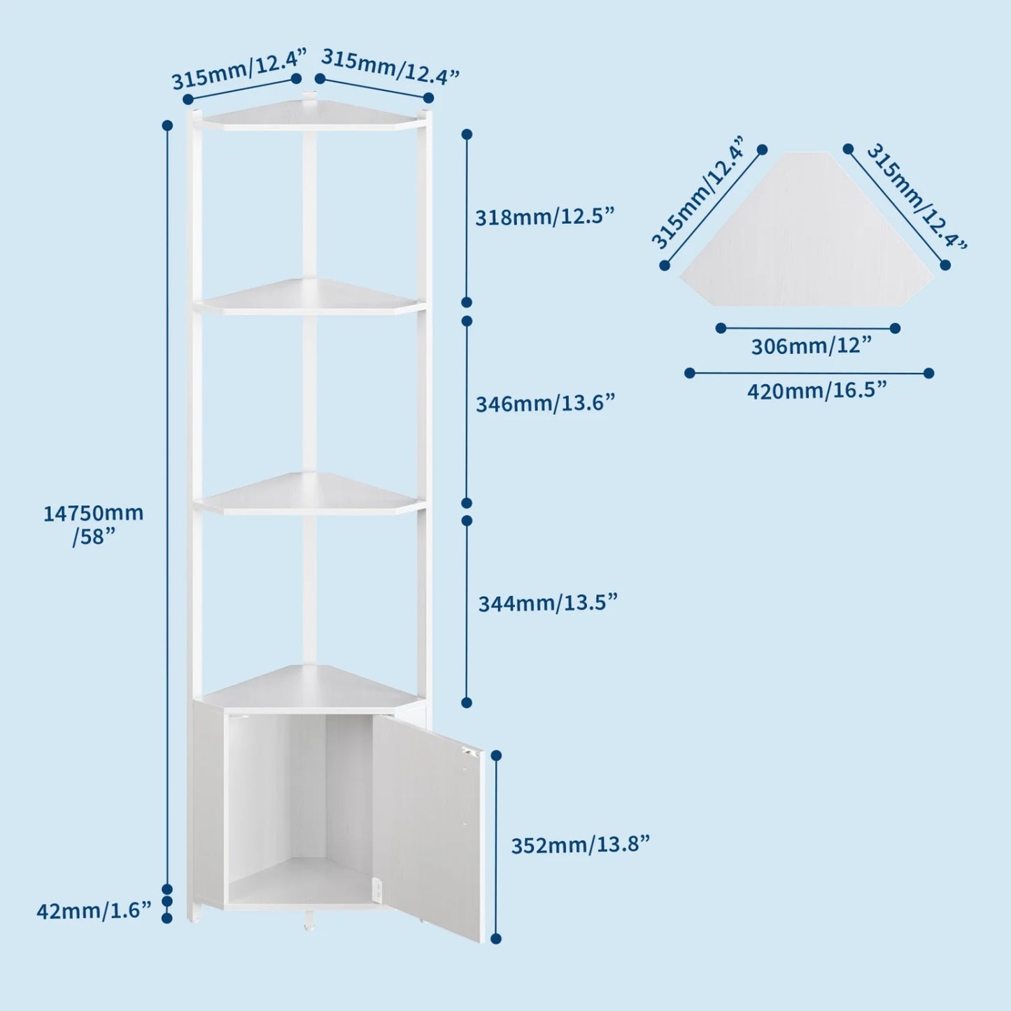 5-Tier Corner Shelf Stand, 58.27'' Tall Corner Bookshelf with Metal Frame, Wooden Corner Stand – Storage Rack for Home Office