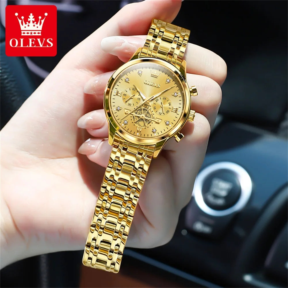OLEVS Skeleton Quartz Chronograph Stainless Steel Waterproof Luminous Watch