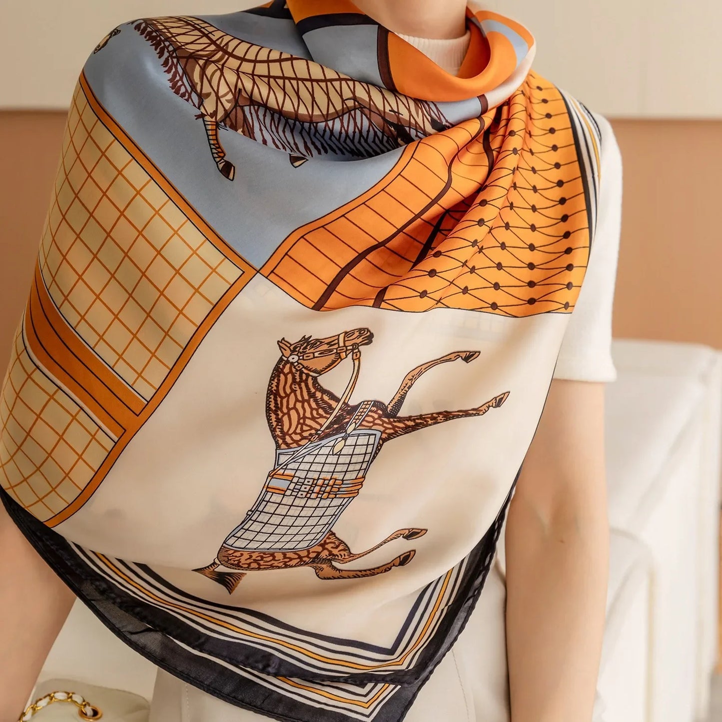 HYKMAIYW Luxury Horse Print Square Scarf Imitation Silk