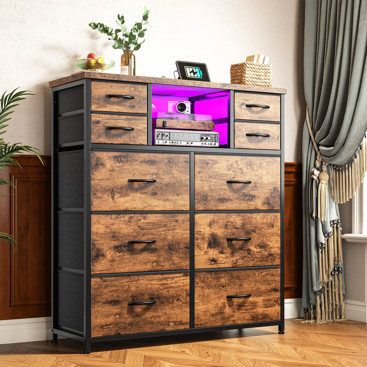 Fabric Storage Chest With LED Charging Station And Open Shelves