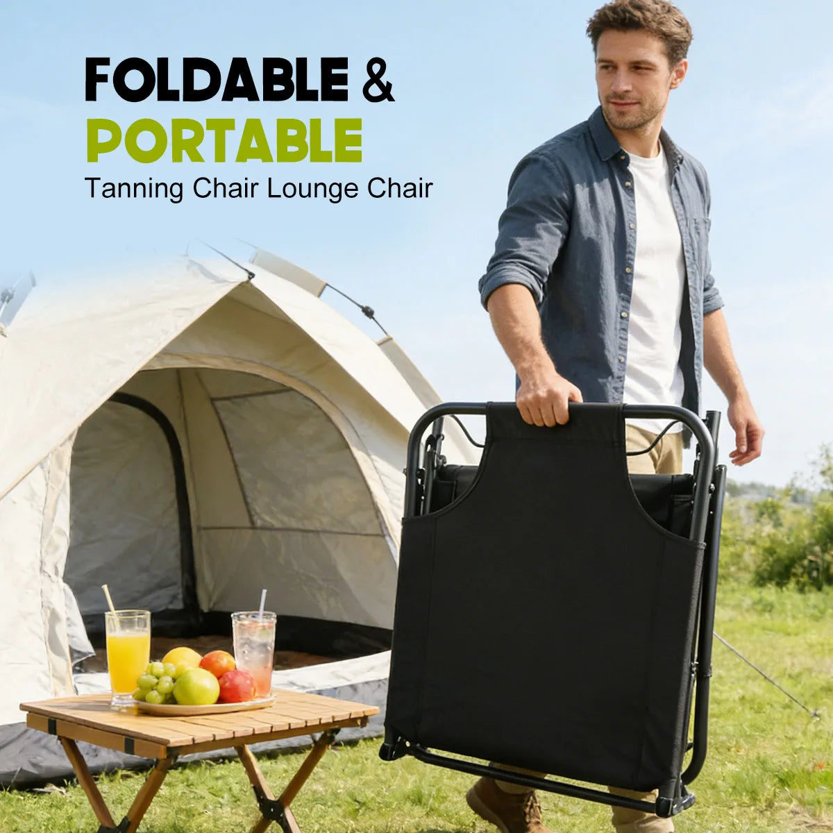Folding Reclining Camping Lounge Chair with Removable Cushion