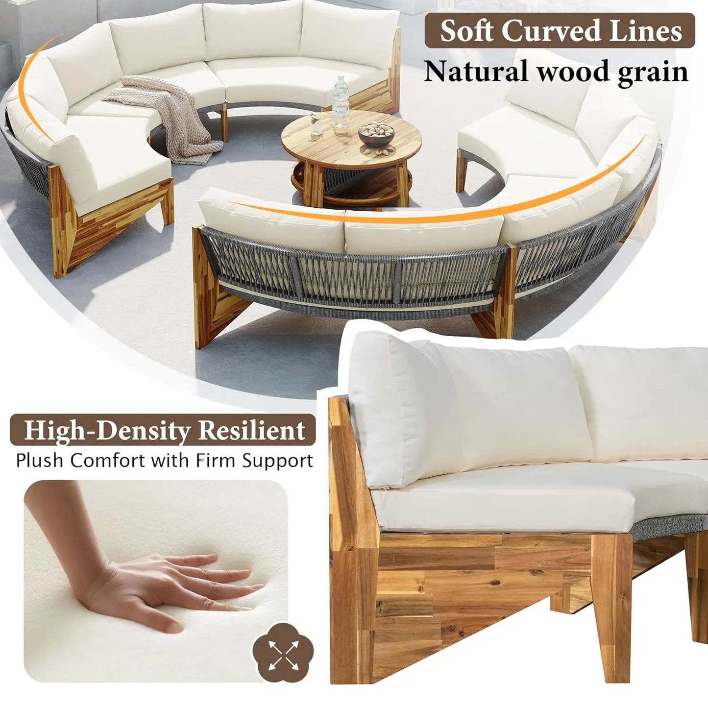 Acacia Wood Half-Moon Outdoor Sofa Set Coffee Table 6 Seat Garden Deck Customized
