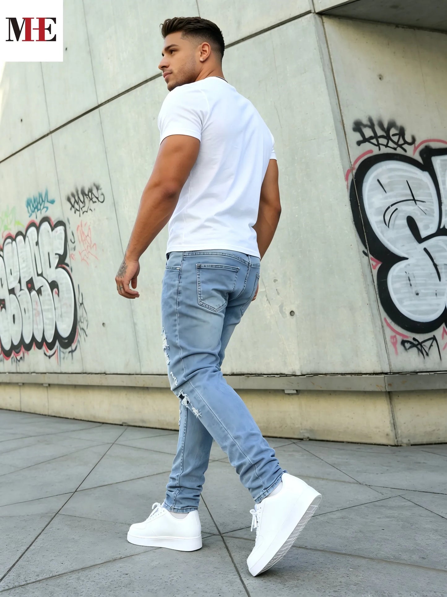 HME Men's Stretch Denim Pants Slim Ripped Skinny Jeans