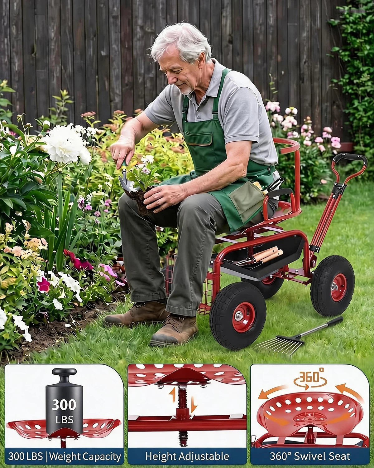Heavy Duty Garden Cart Rolling Work Seat, 360° Swivel Garden Scooter With 10in Pneumatic Tires, Tool Tray, Storage Basket, 300LB