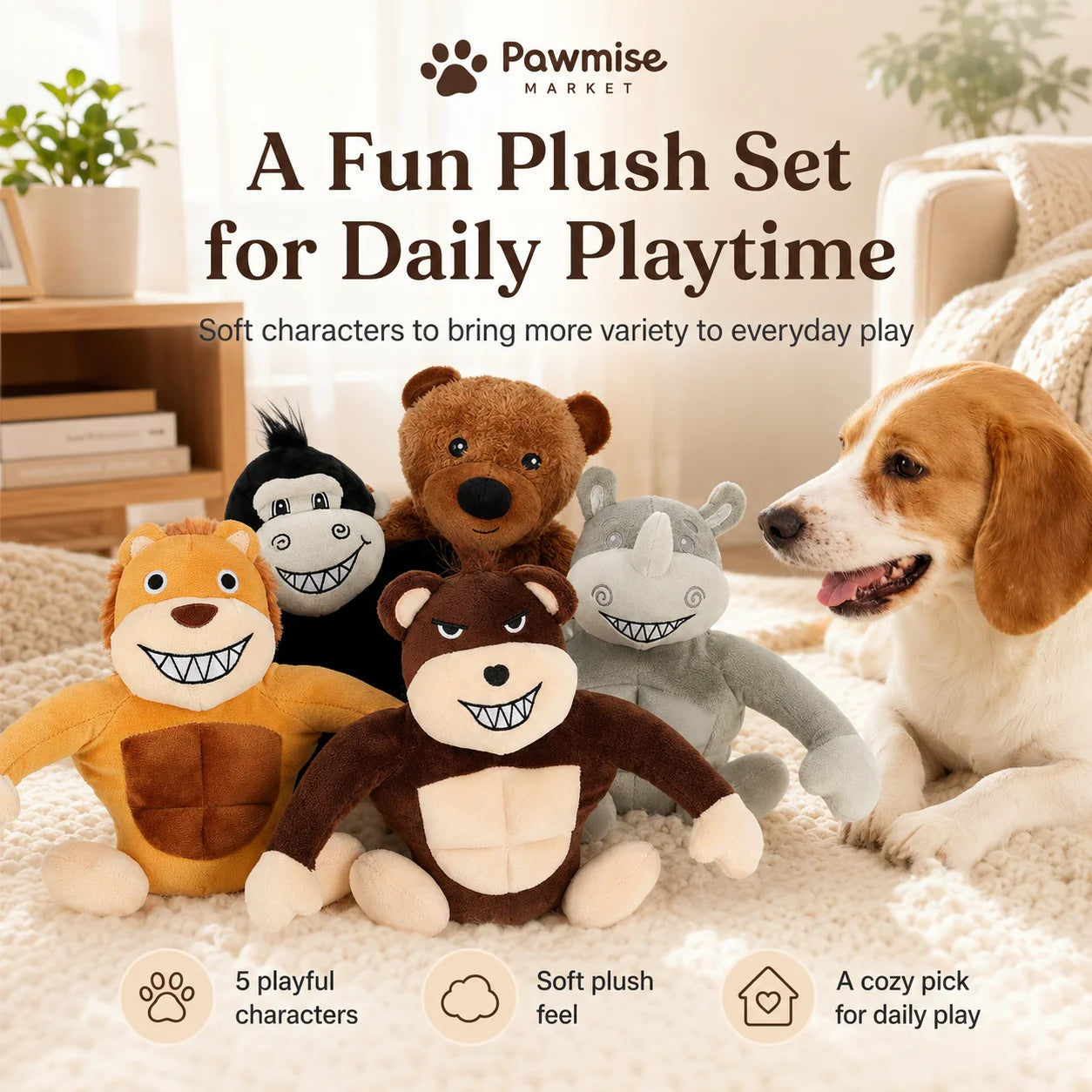 5-Piece Squeaky Plush Pet Toys Set - Lion, Bear, Rhino, Monkey & Chimpanzee - Durable Soft Chew Toys for Dogs & Cats - Bite-Resistant Stuffed Animals for Puppies & Kittens - Anxiety Relief & Interactive Play