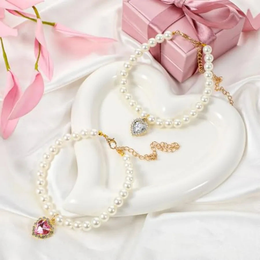 2pcs Cute Girl Cat Collar, Pearl Cat Dog Collar with Small Heart Shape Rhinestone for Small Dogs and Cats Adjustable Fancy Dog