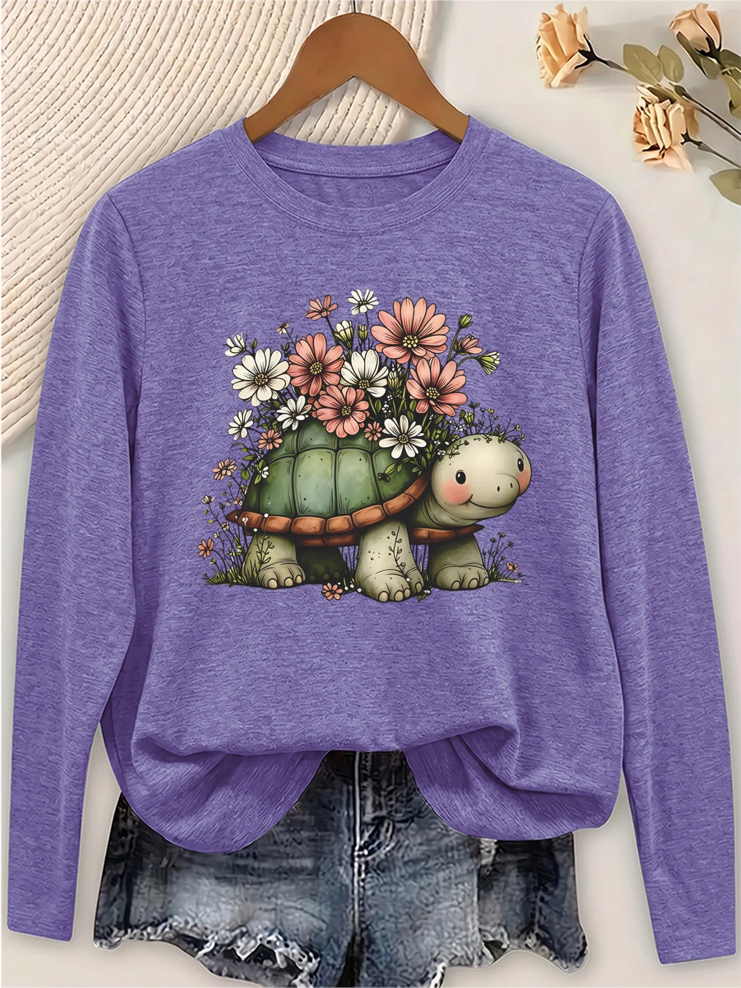 Women's Long Sleeve T Shirt With Turtle Floral Print