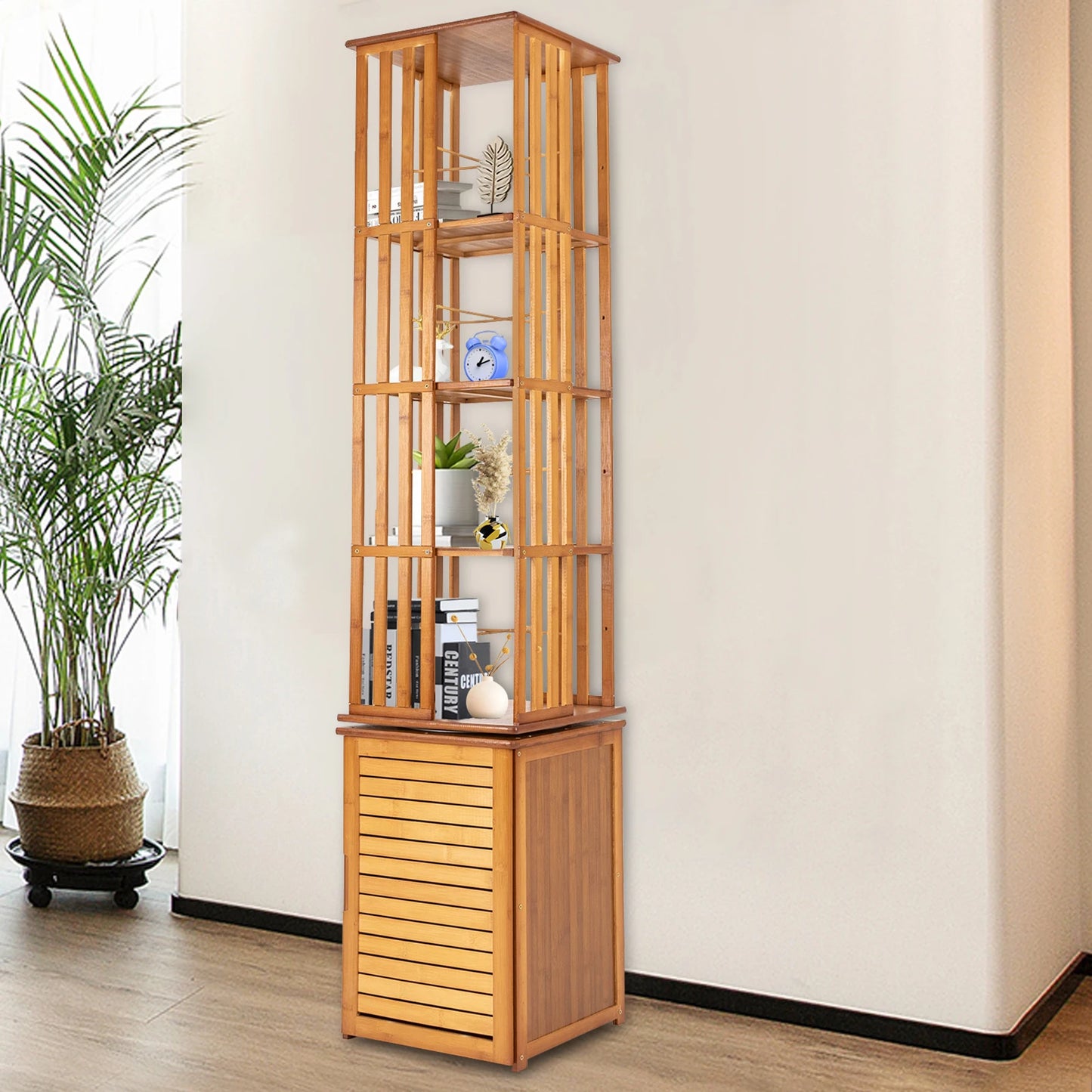 Bymaocar 6 Tier Corner Bamboo Book Shelf Rotating Display Rack