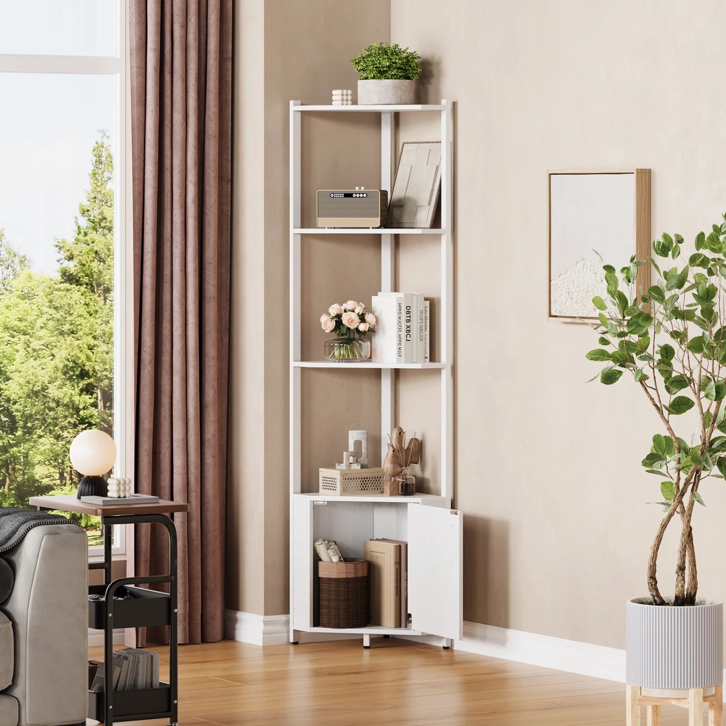 5-Tier Corner Shelf Stand, 58.27'' Tall Corner Bookshelf with Metal Frame, Wooden Corner Stand – Storage Rack for Home Office
